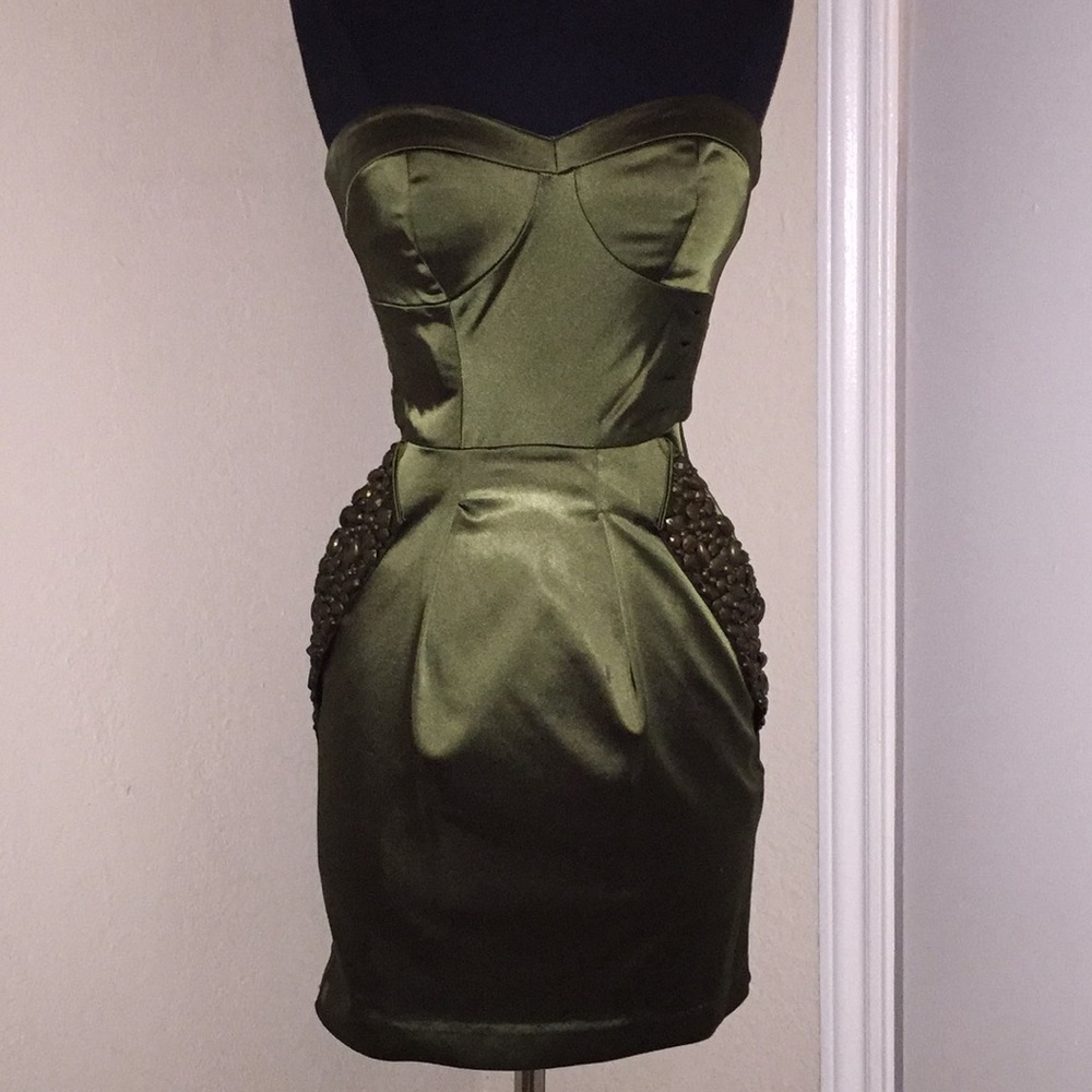 Stunning Olive Satin Dress w/ embellished pockets